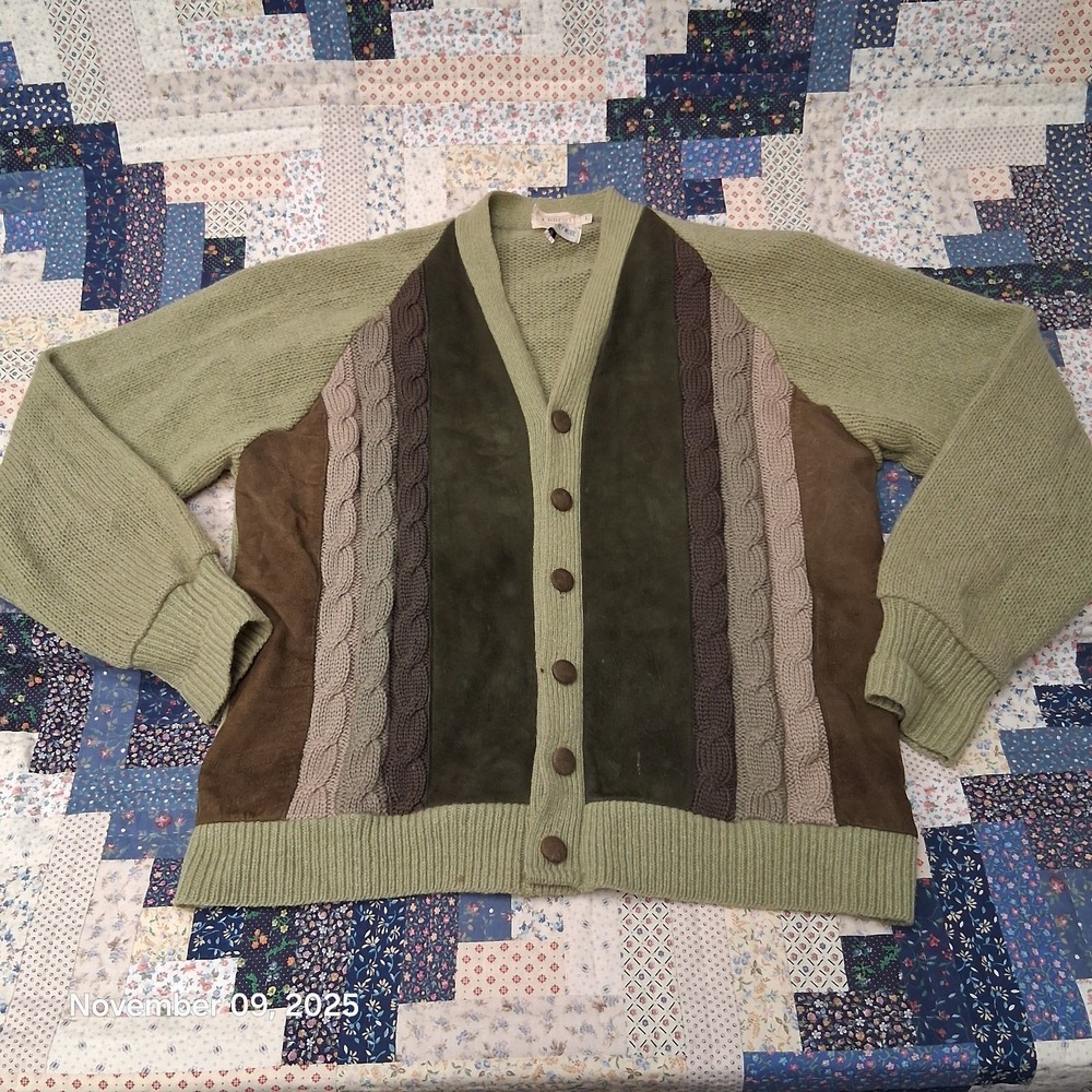 VTG BRENT Montgomery Ward 2‎ Ply Wool Sage Green Cardigan Size Large Cable Knit